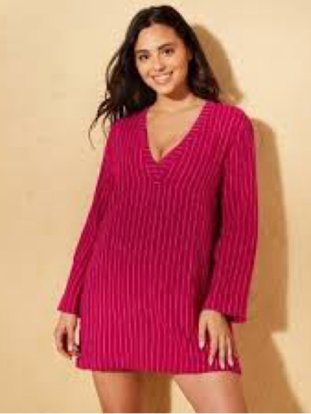 Andie Hot Pink Velvet Pinstripe V-Neck Tunic